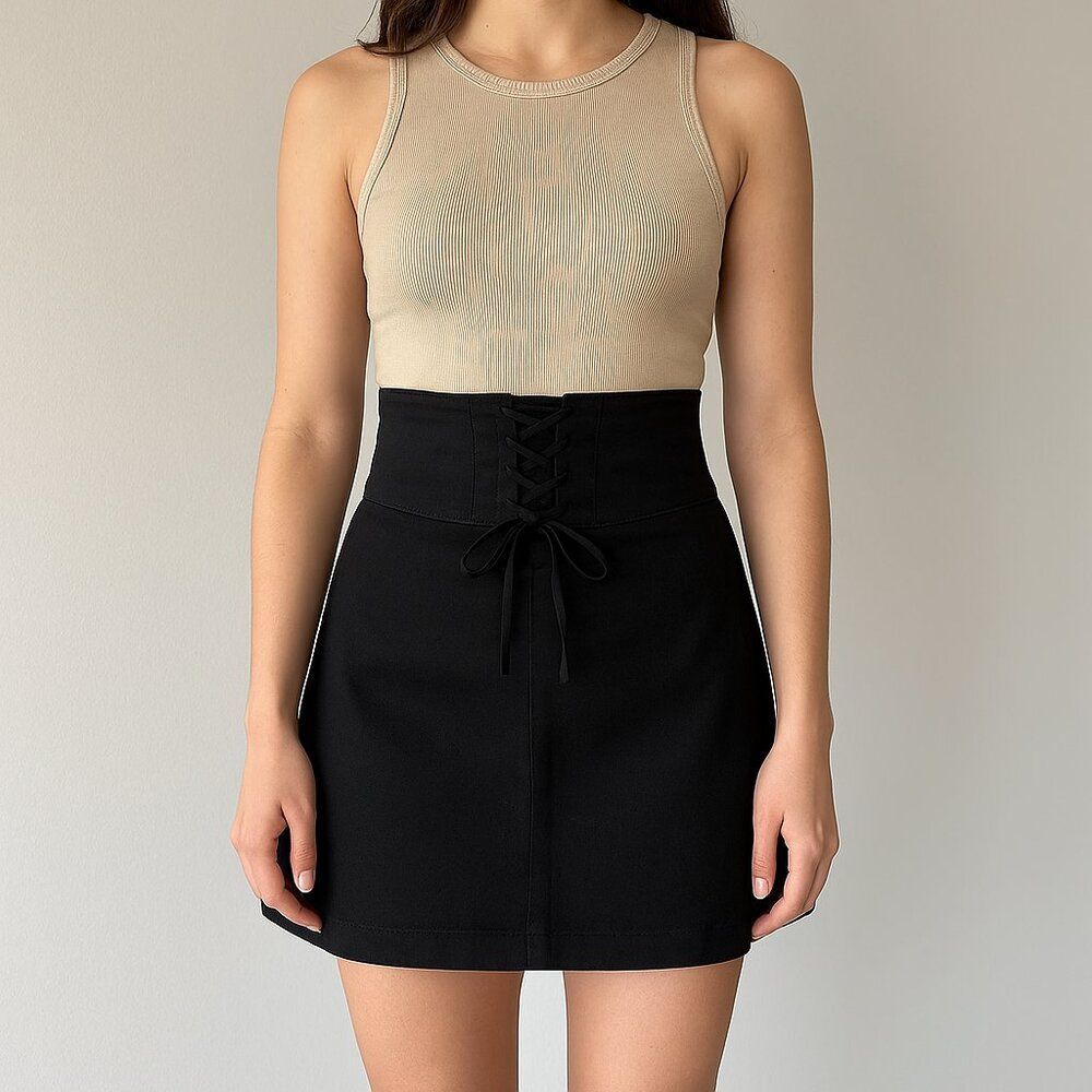 Express Tie Lace Up Stretch Pencil Knee Length Mini Skirt Black Small XS 2